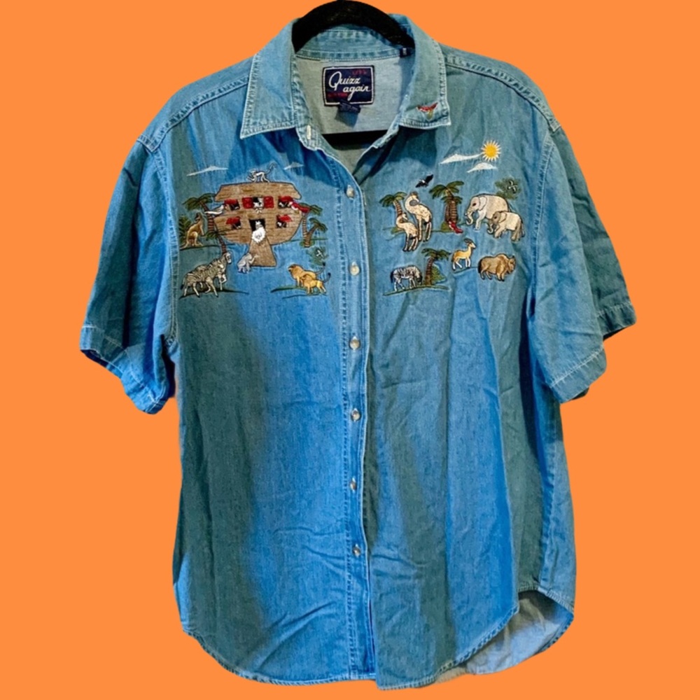 Vintage Embroidered Noahs Ark Denim Button-up